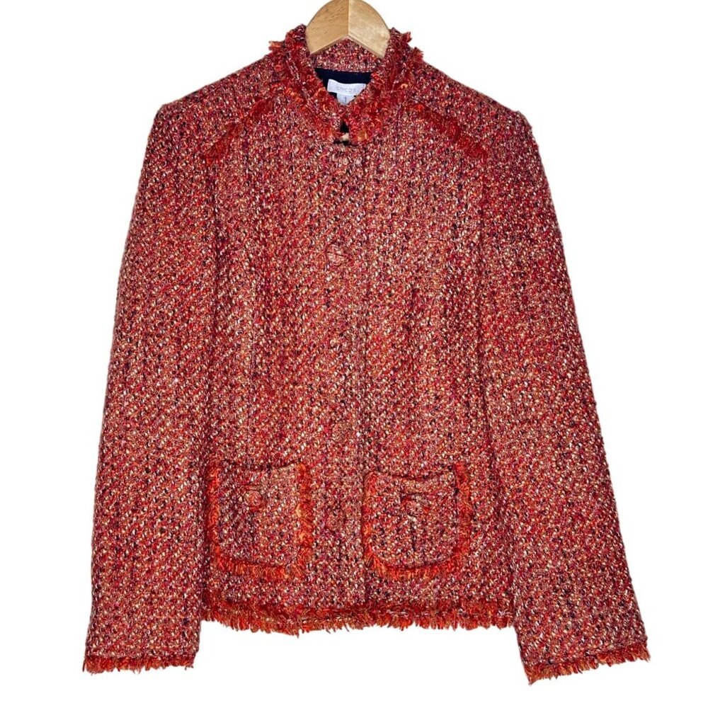 Chico's Tweed Jacket Womens Size 1 SARAIH Red Orange Button Front Lined‎